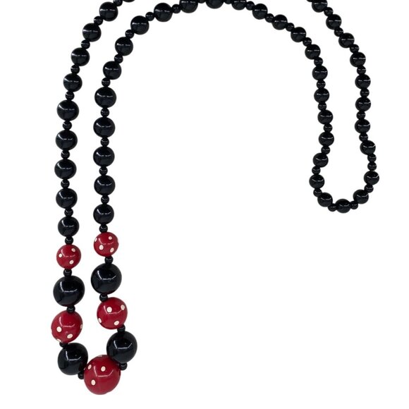 Statement Art Deco Black & Red Polka Dot Graduated Wooden Bead Necklace 44" Long - Picture 1 of 4